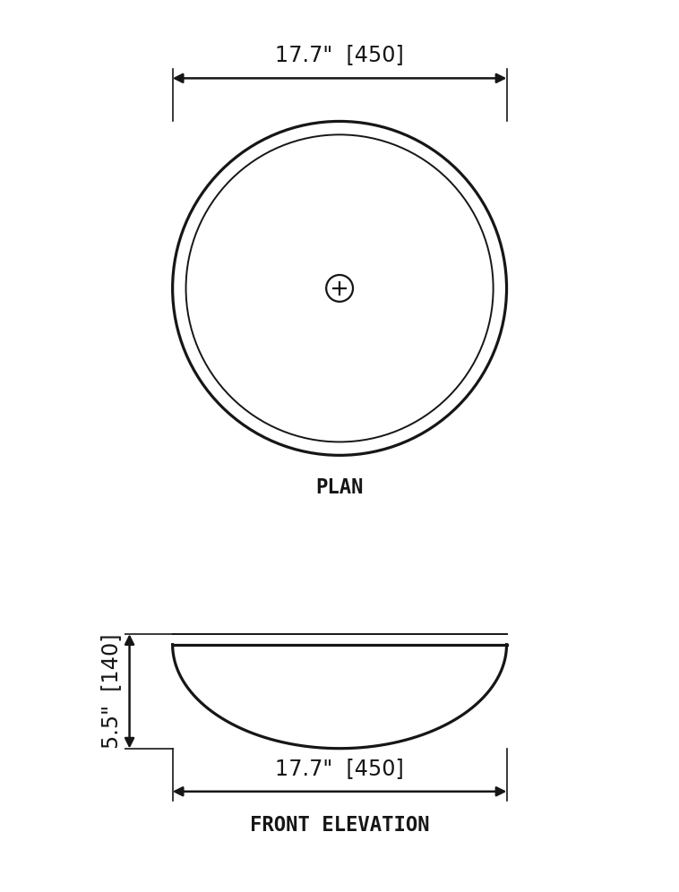 SANIKB SP226 Carrara White marble — round vessel basin dimension drawing (Ø17.7" × 5.5" H  (Ø450 × 140 mm))
