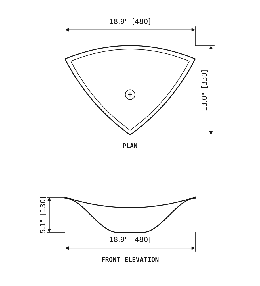SANIKB SP246 Carrara White marble — boat-shaped vessel basin dimension drawing (18.9" × 13.0" (480 × 330 × 130 mm))