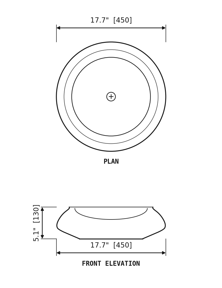 SANIKB SP247 Beige travertine — round vessel basin dimension drawing (Ø17.7" × 5.1" H  (Ø450 × 130 mm))