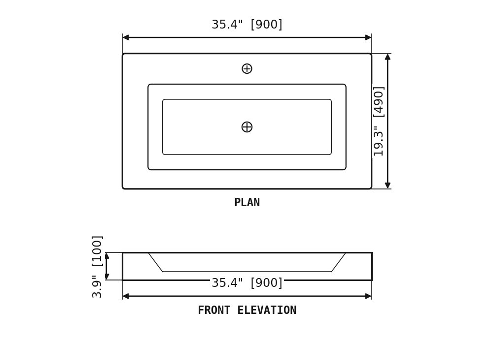 SANIKB SP275 Black marble — rectangular vessel basin dimension drawing (35.4" × 19.3" (900 × 490 × 100 mm))