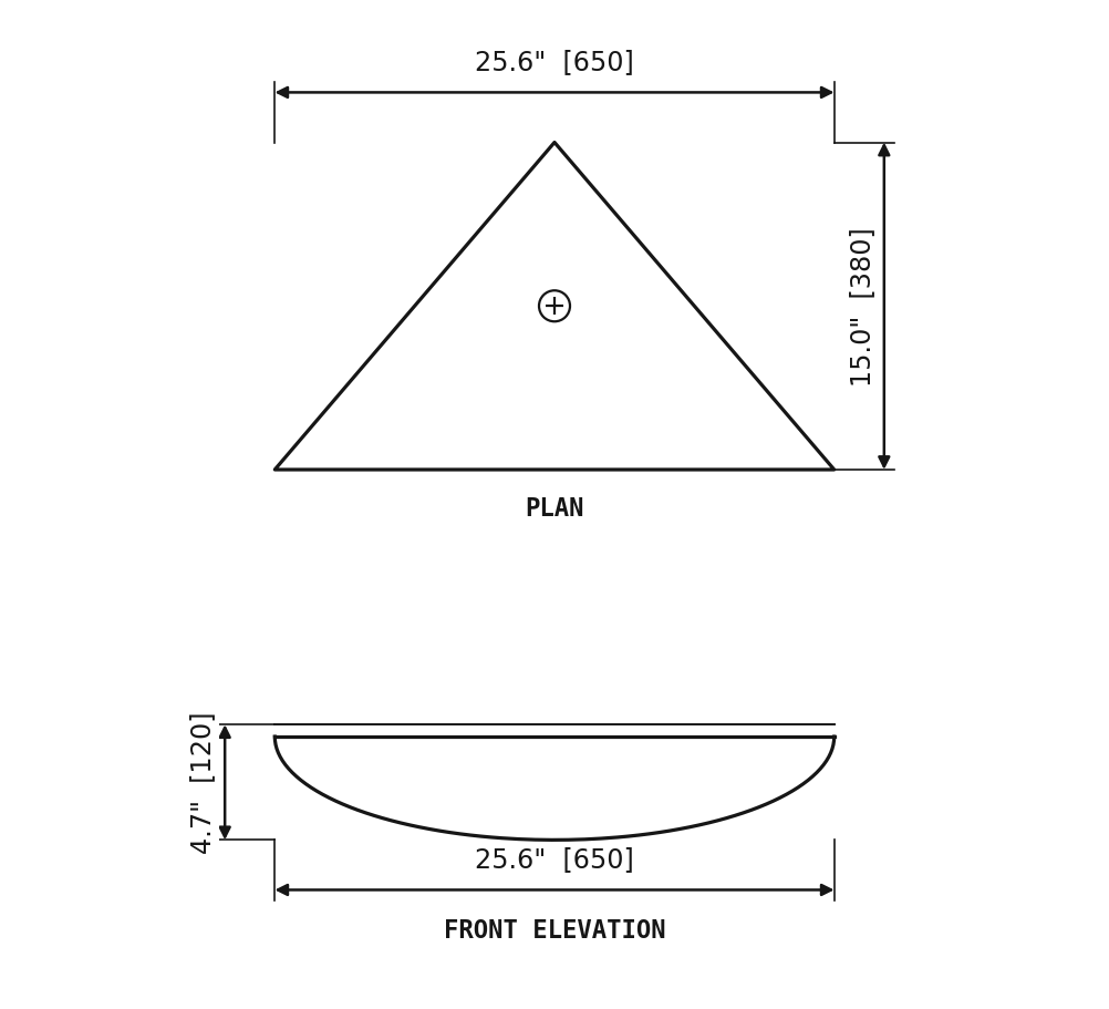 SANIKB SP290A Grey marble — triangular vessel basin dimension drawing (25.6" × 15.0" (650 × 380 × 120 mm))