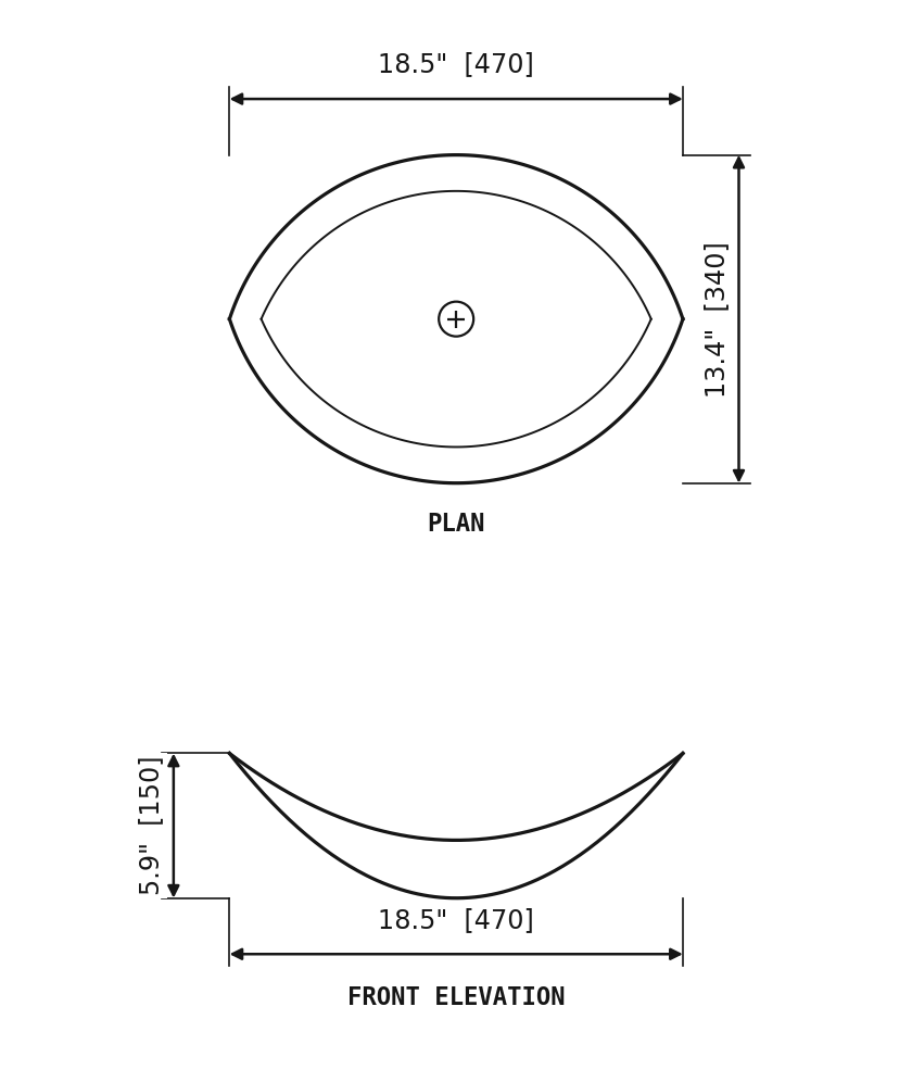 SANIKB SP293 Wooden-vein marble — boat-shaped vessel basin dimension drawing (18.5" × 13.4" (470 × 340 × 150 mm))