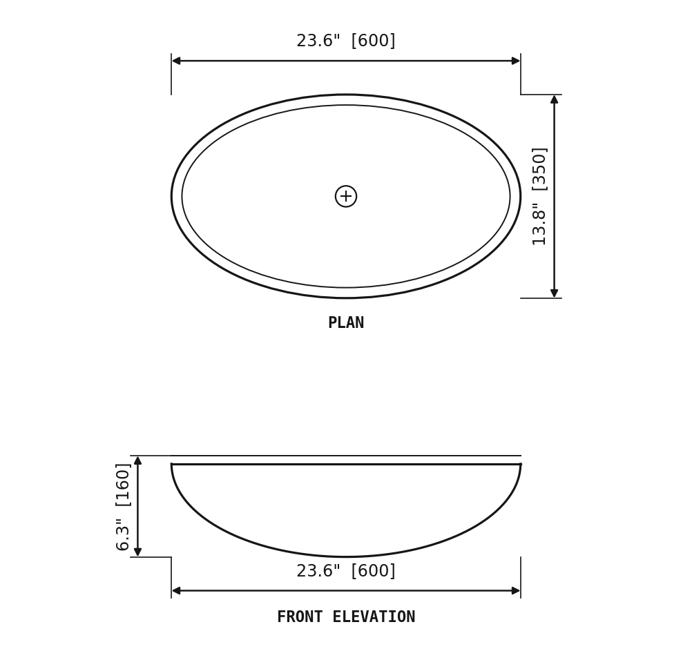 SANIKB SP502 Guangxi White marble — oval vessel basin dimension drawing (23.6" × 13.8" (600 × 350 × 160 mm))