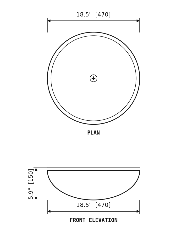 SANIKB SP503 Guangxi White marble — oval vessel basin dimension drawing (Ø18.5" × 5.9" H  (Ø470 × 150 mm))