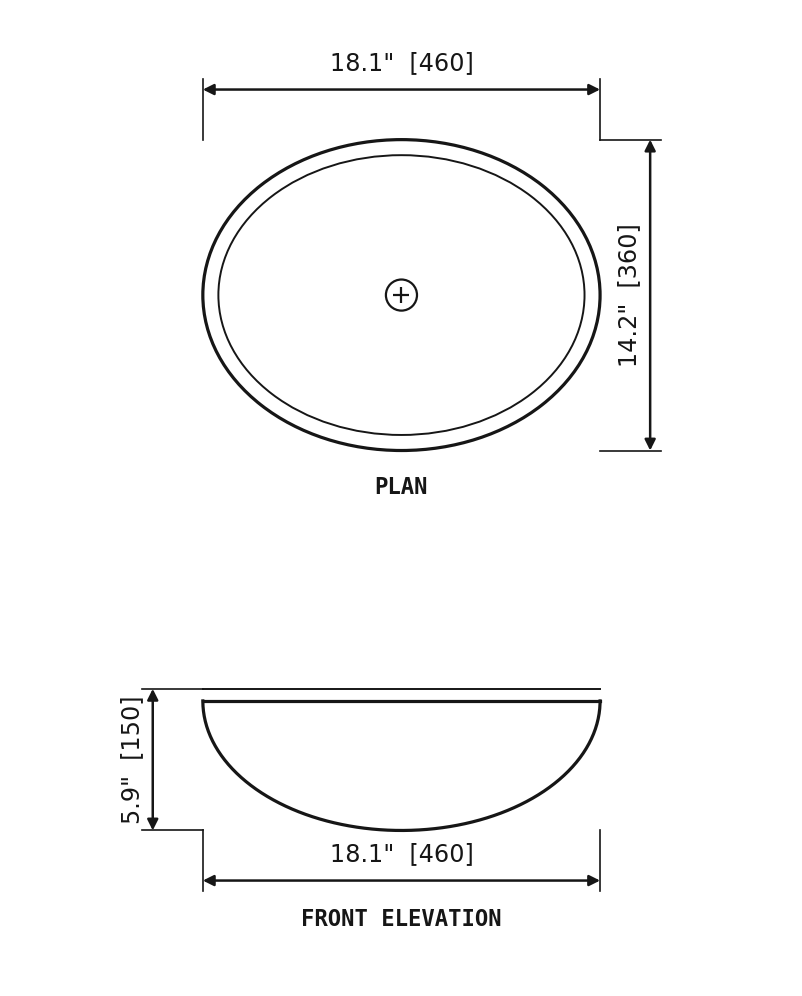 SANIKB SP519 Athens Grey wooden-vein marble — oval vessel basin dimension drawing (18.1" × 14.2" (460 × 360 × 150 mm))