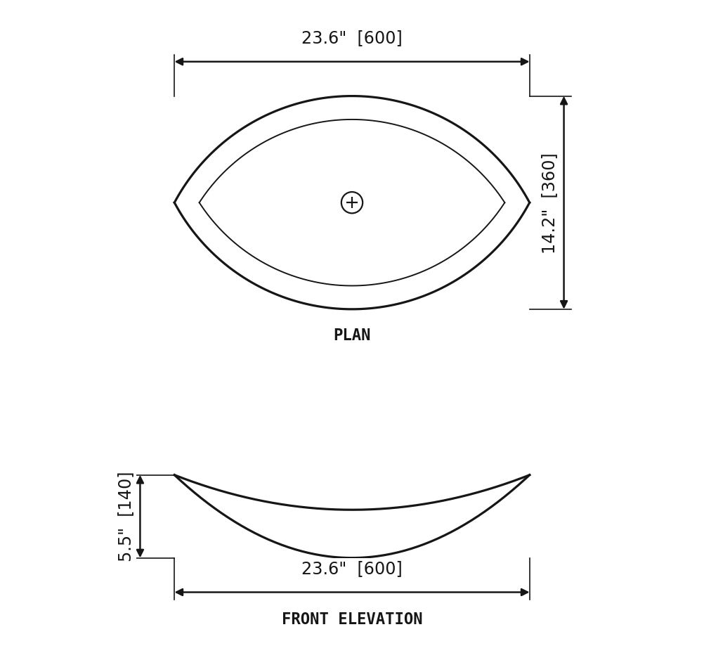 SANIKB SP521 Dark Emperador marble — boat-shaped vessel basin dimension drawing (23.6" × 14.2" (600 × 360 × 140 mm))