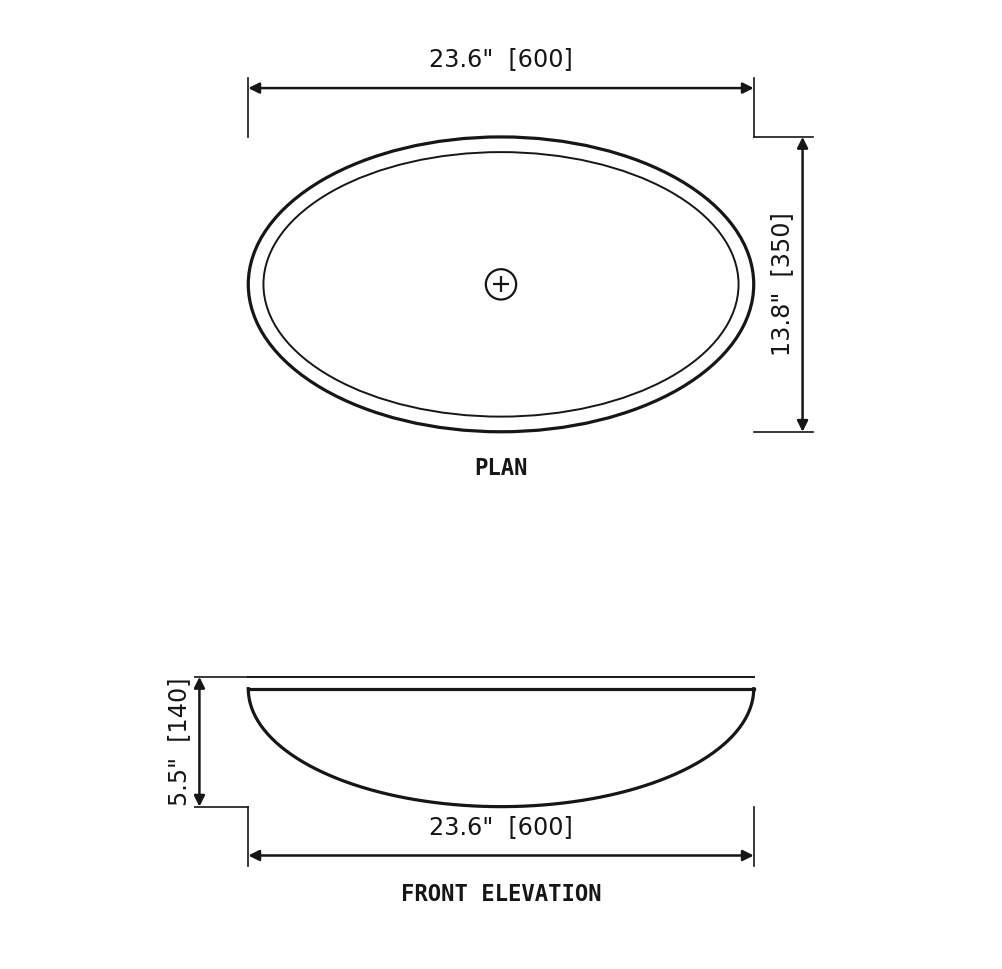 SANIKB SP527 Athens Grey wooden-vein marble — oval vessel basin dimension drawing (23.6" × 13.8" (600 × 350 × 140 mm))