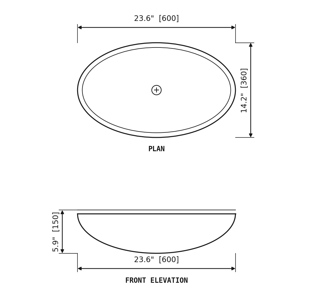 SANIKB SP531 Beige marble — oval vessel basin dimension drawing (23.6" × 14.2" (600 × 360 × 150 mm))