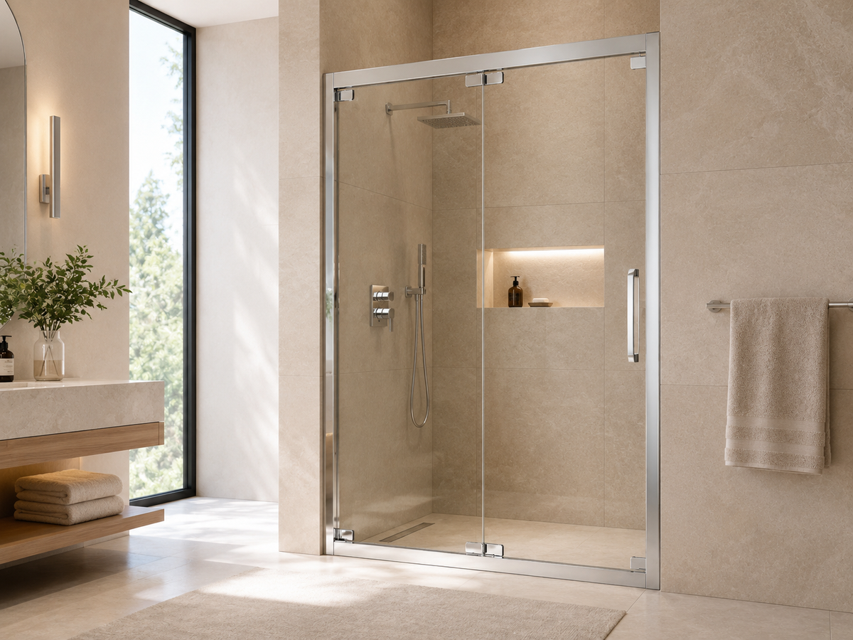 Custom folding shower door installed in a beige bathroom with chrome hardware and clear glass panels