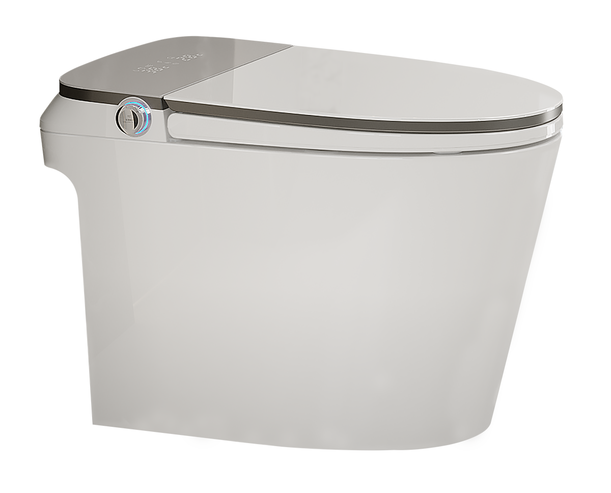 Side view of ZY03 automatic flush smart toilet with ultra-thin seat cover, side control knob, and modern one-piece design for OEM bathroom supply