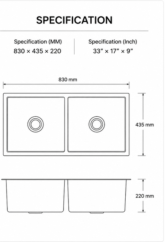 Technical specification diagram for double bowl quartz composite sink with dimensions and drain layout