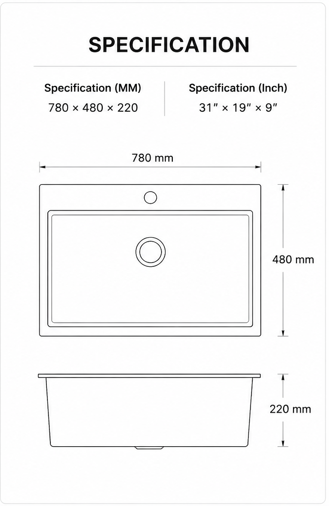 Specification diagram for 31 inch black rectangular single bowl quartz composite sink, 780 x 480 x 220 mm dimensions
