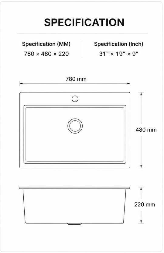 Specification diagram for 31 inch black rectangular single bowl quartz composite sink, 780 x 480 x 220 mm dimensions