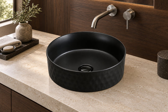 SHY-8158MB black cylindrical ceramic vessel sink in a boutique hotel powder room