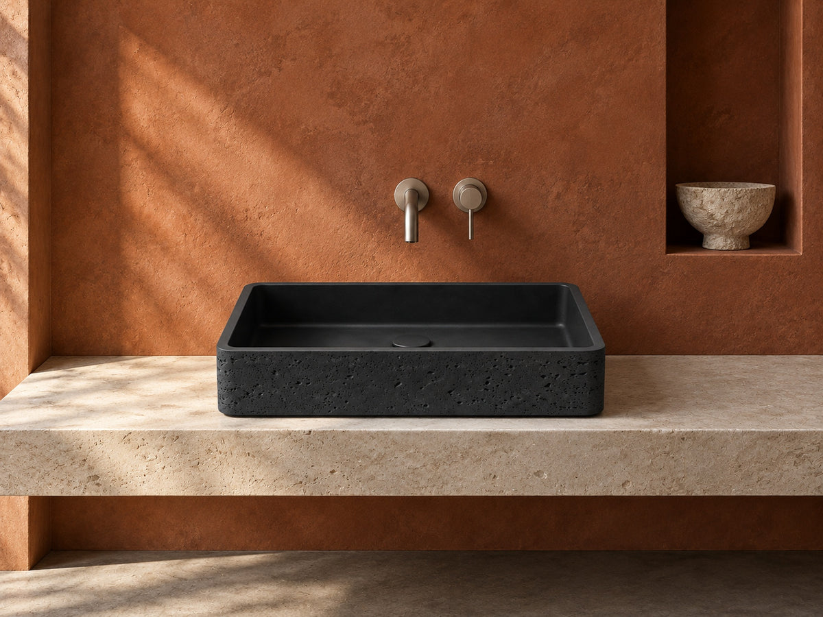 C0021 charcoal concrete basin in an architectural hotel bathroom