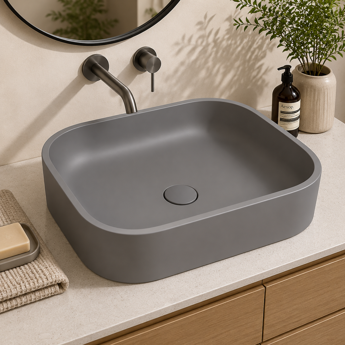 Rounded square concrete vanity basin in a styled bathroom — SANIKB C0017