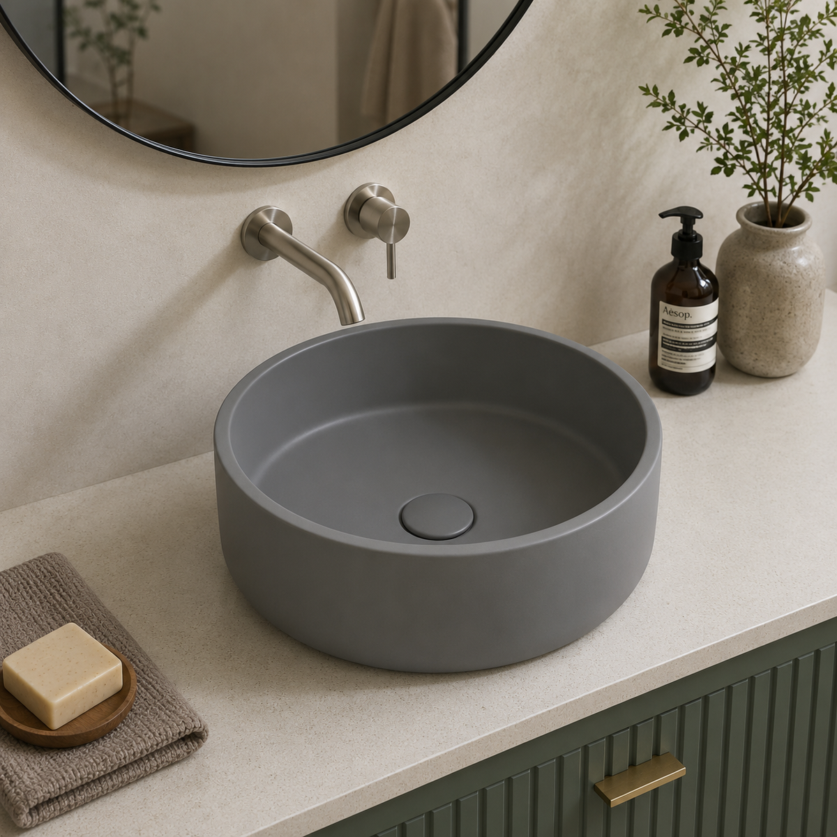 Deep round concrete basin in a styled bathroom — SANIKB C0022