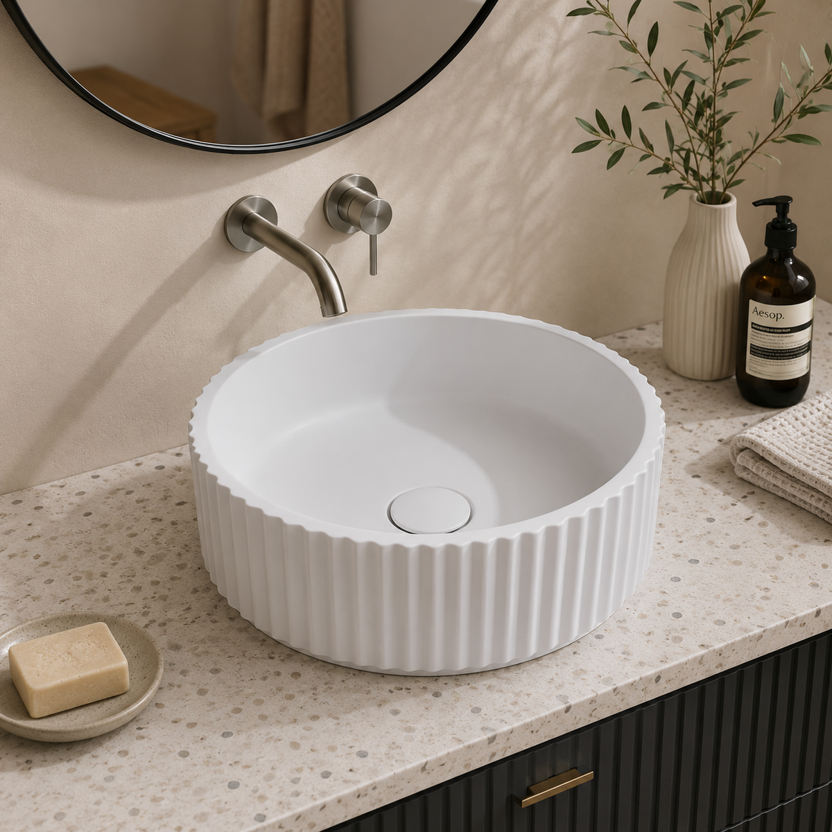 Fluted Round Concrete Vessel Basin C0052