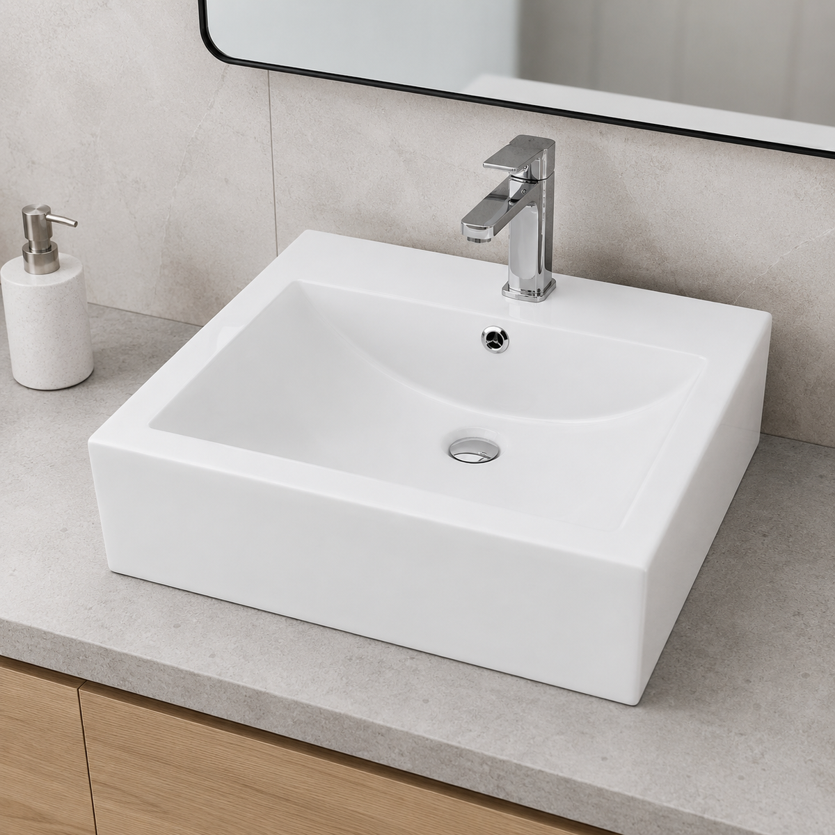White rectangular ceramic vessel sink with soft-curve basin on a stone vanity top with a tall single-hole faucet