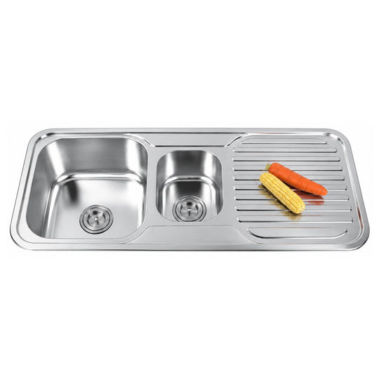 SANIKB 10548DB — Large + Small Double Bowl Drop-In Kitchen Sink with Drainboard 41x19