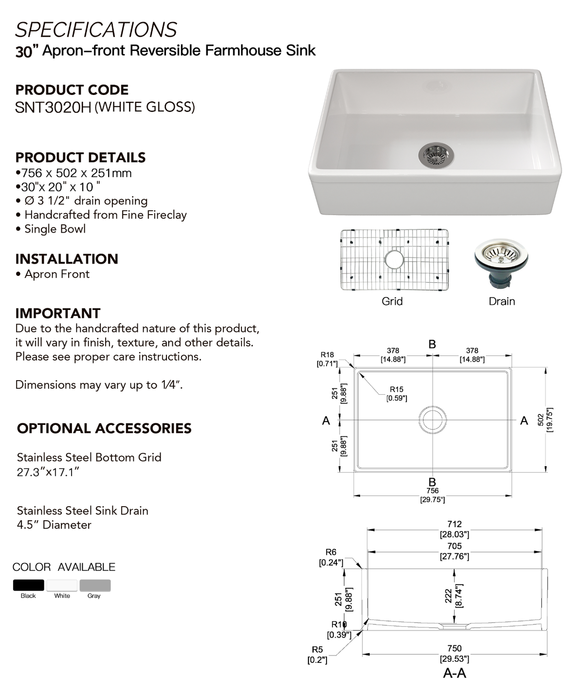 30-inch single-bowl fireclay farmhouse sink dimension drawing, 30 x 20 x 10 inches — SANIKB SNT3020H