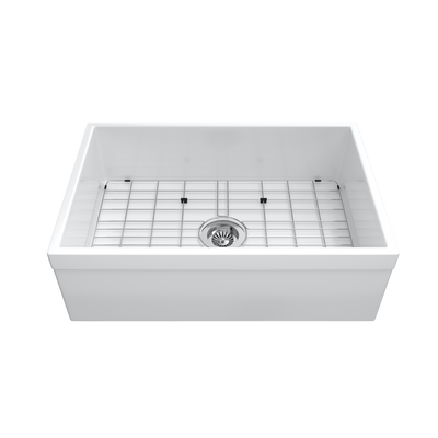 White apron-front single-bowl fireclay farmhouse sink with stainless bottom grid and strainer — SANIKB SNT3020H