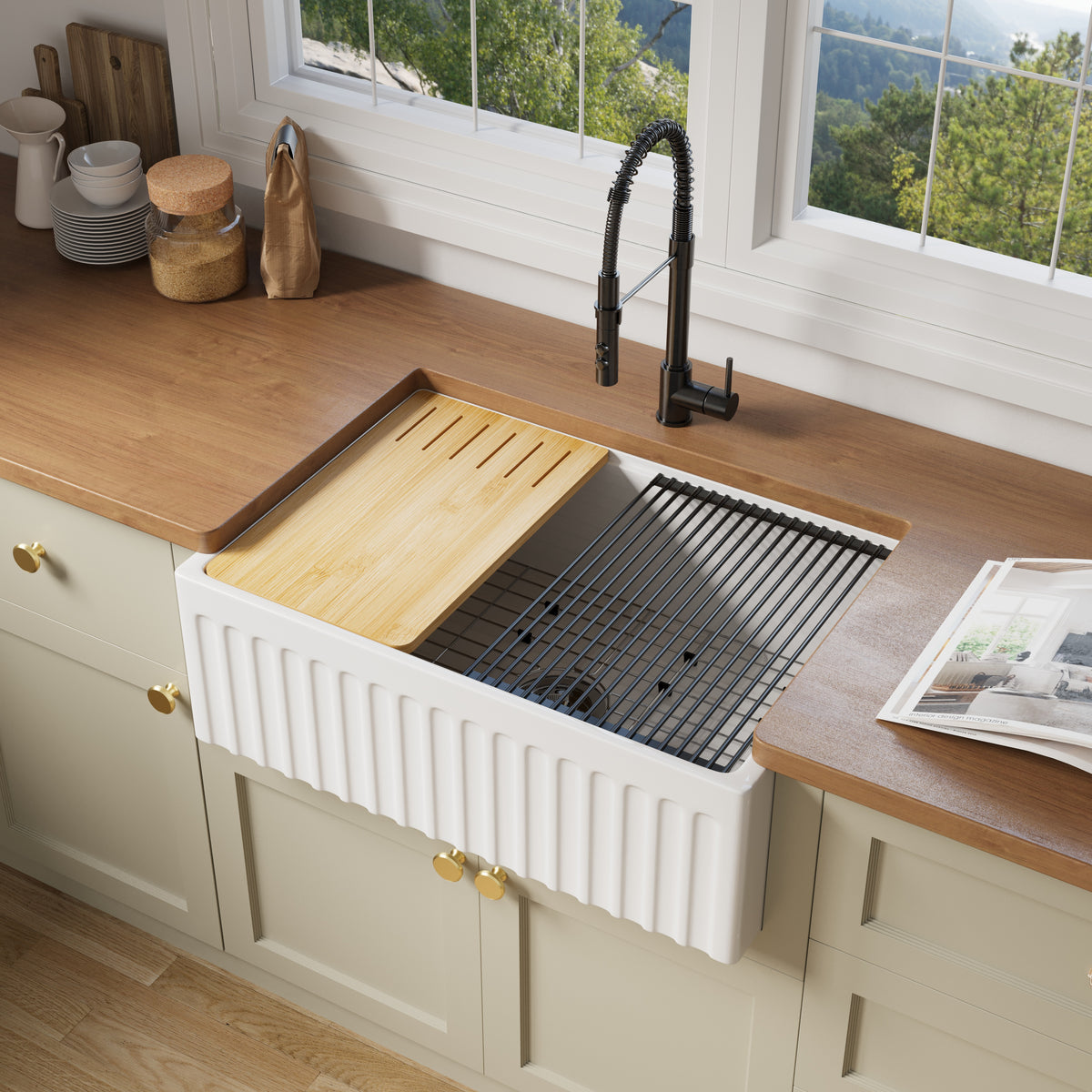 30 inch single bowl fluted workstation fireclay farmhouse sink - SANIKB SN104W3020