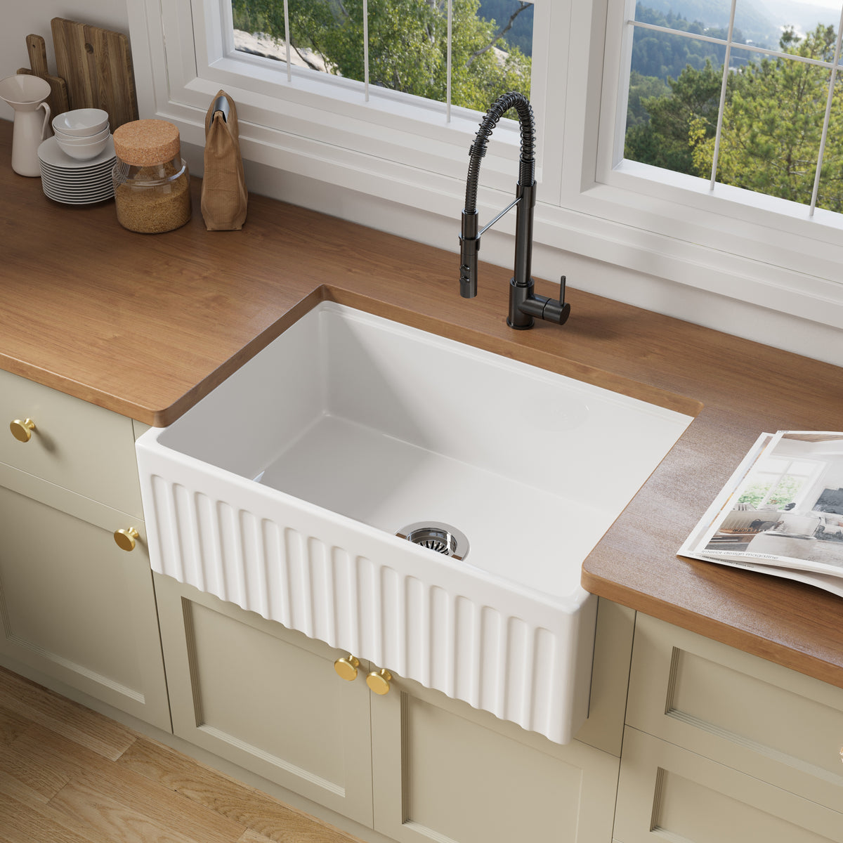 30 inch single bowl fluted workstation fireclay farmhouse sink - SANIKB SN104W3020