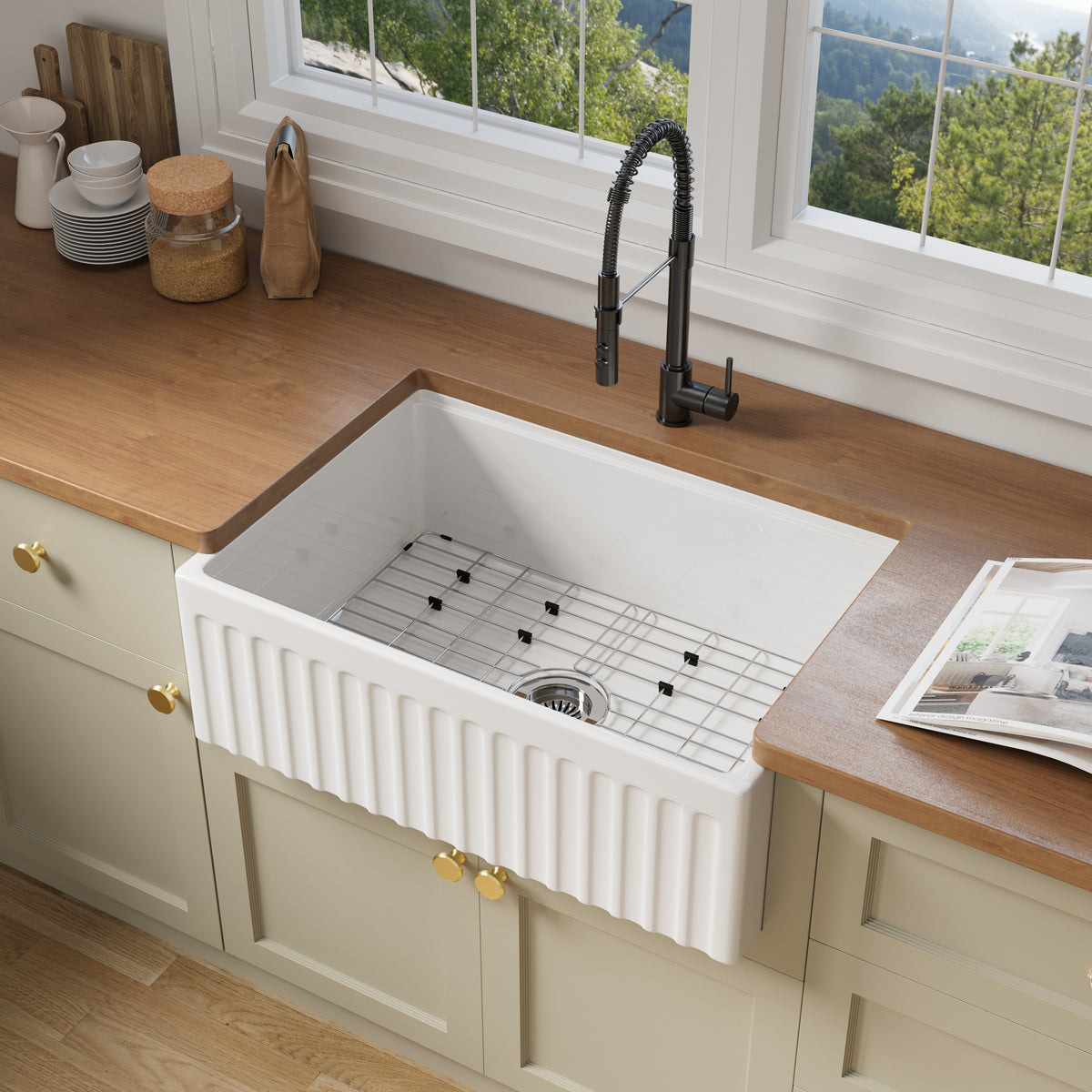 30 inch single bowl fluted workstation fireclay farmhouse sink - SANIKB SN104W3020