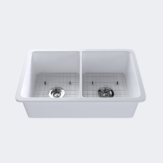 32 inch double bowl smooth fireclay farmhouse sink angled view - SANIKB SN3219D