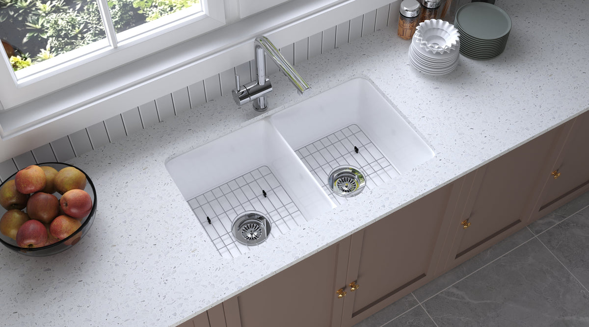 32 inch double bowl smooth fireclay farmhouse sink kitchen scene - SANIKB SN3219D