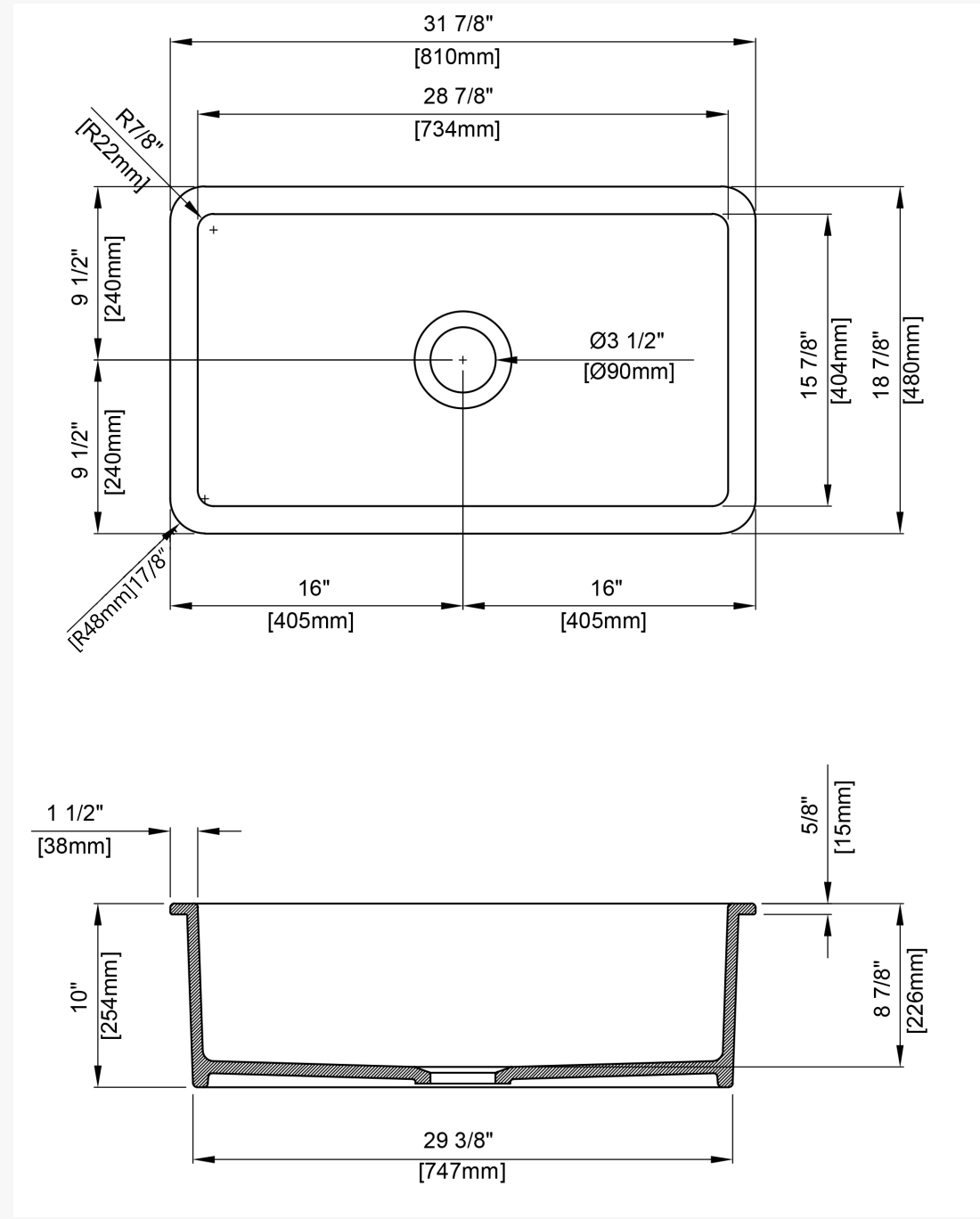 SN3219 dimensions drawing 31 7/8 x 18 7/8 x 10 inch