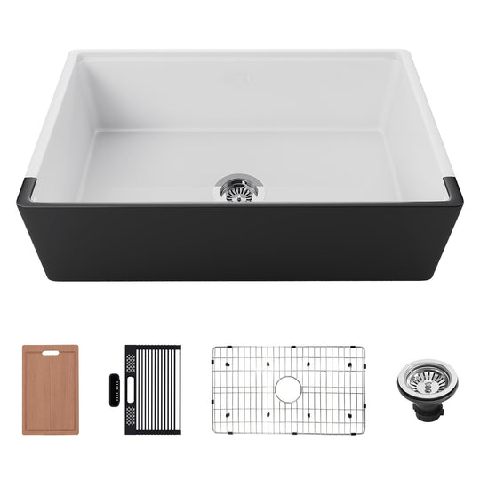 33 inch single bowl white and matte black apron front fireclay farmhouse sink - SANIKB SN3320S-BLK