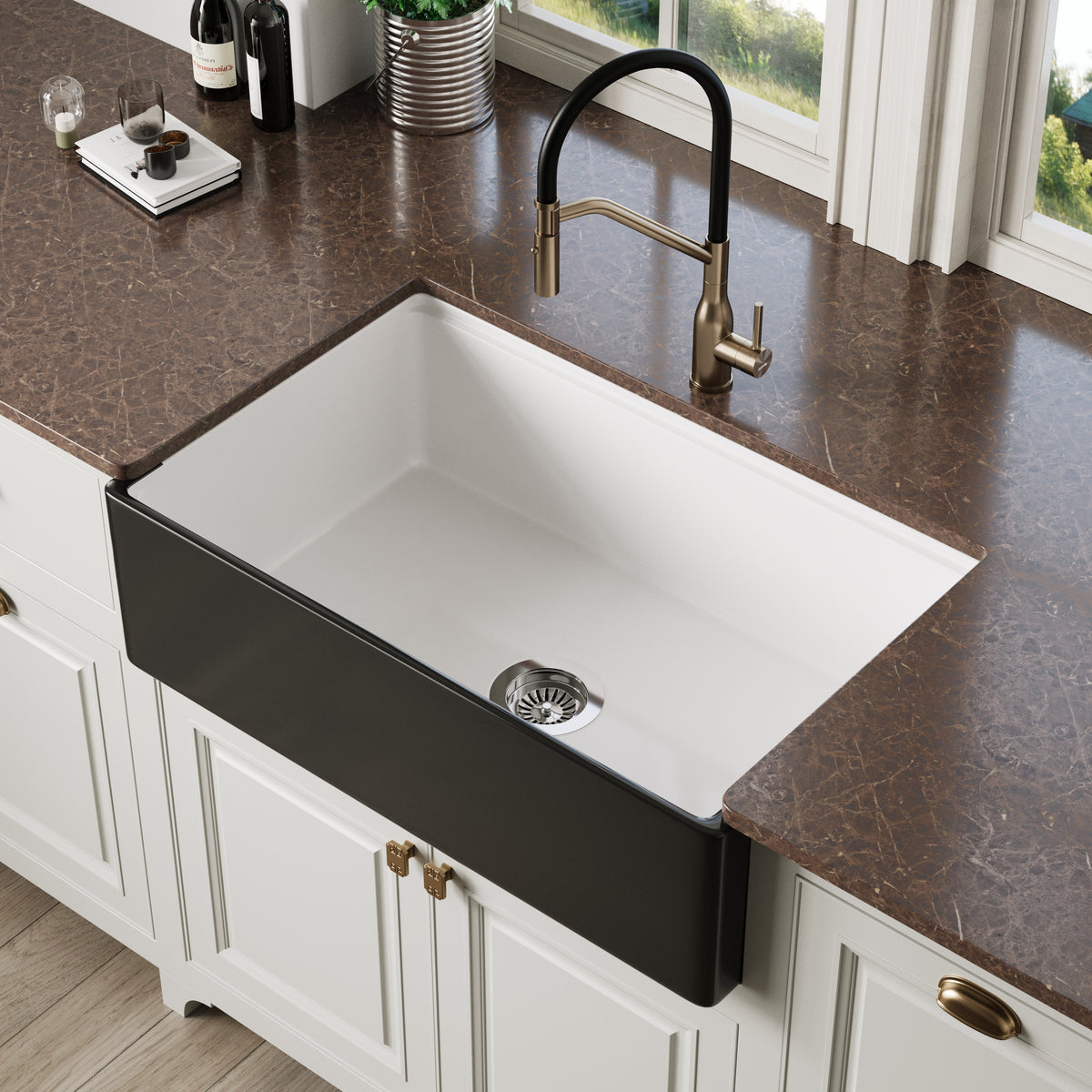 33 inch single bowl white and matte black apron front fireclay farmhouse sink - SANIKB SN3320S-BLK