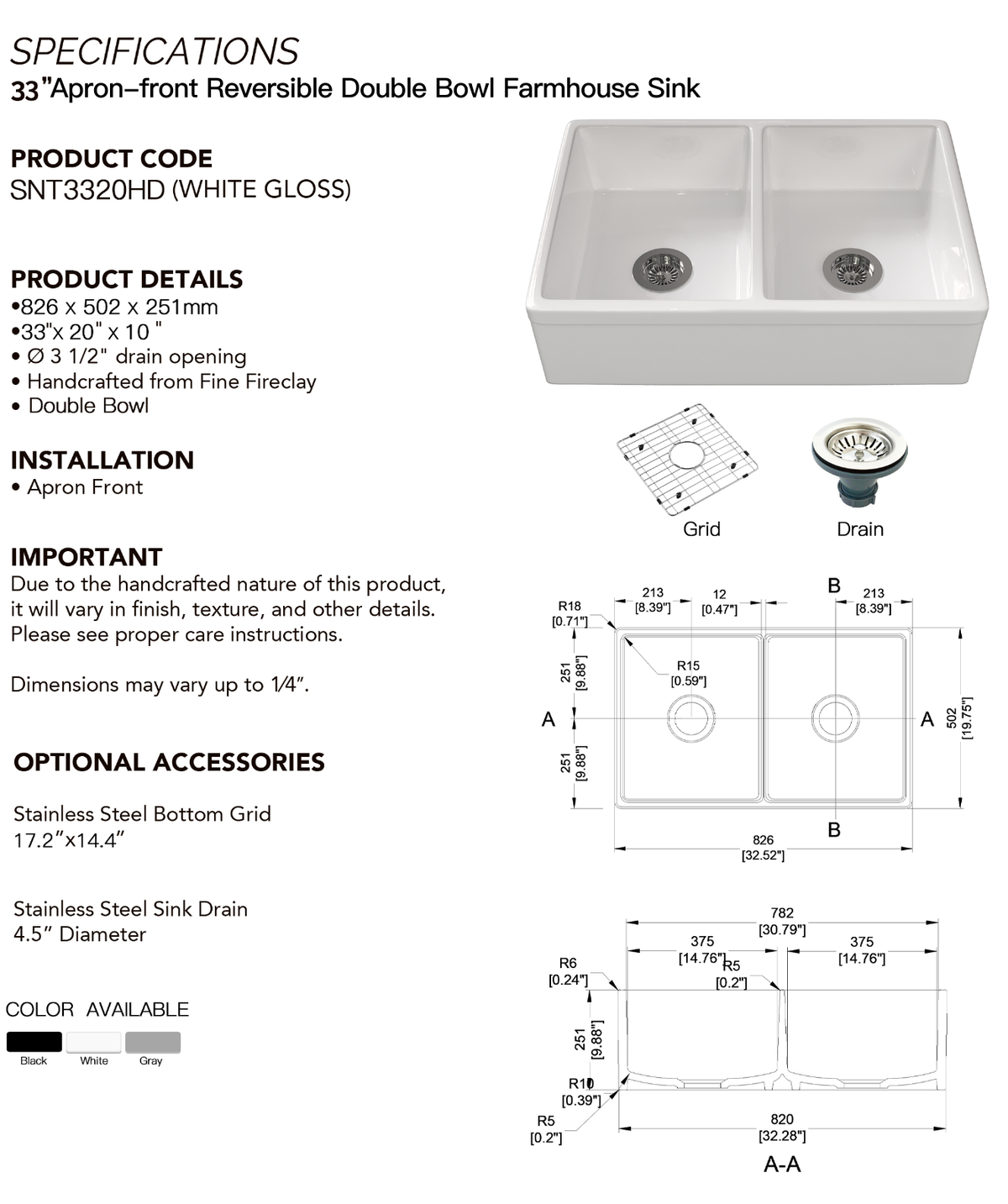 33-inch double-bowl fireclay farmhouse sink dimension drawing, 33 x 20 x 10 inches — SANIKB SNT3320HD