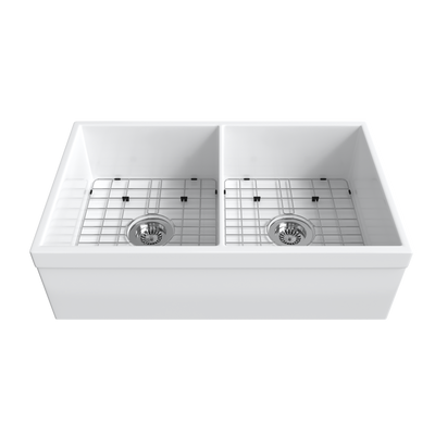 White apron-front double-bowl fireclay farmhouse sink with two stainless bottom grids and strainers — SANIKB SNT3320HD