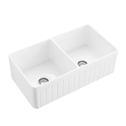 33 inch double bowl fluted fireclay farmhouse apron sink - SANIKB SN3318TD