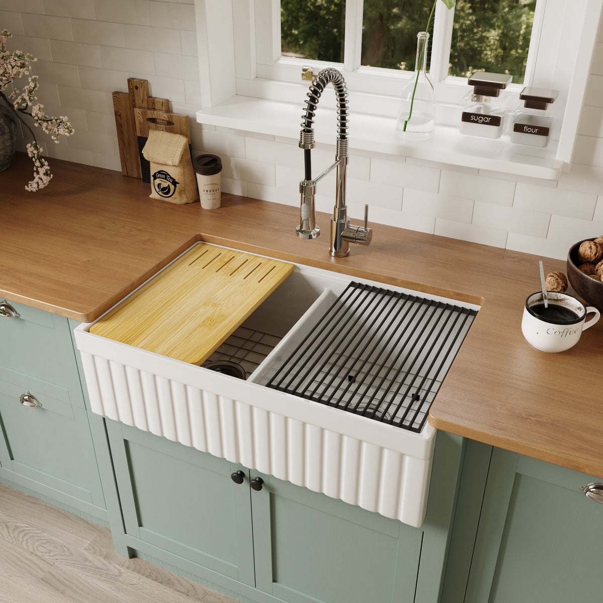 33 inch double bowl fluted workstation fireclay farmhouse sink in kitchen scene - SANIKB SN103W3320D
