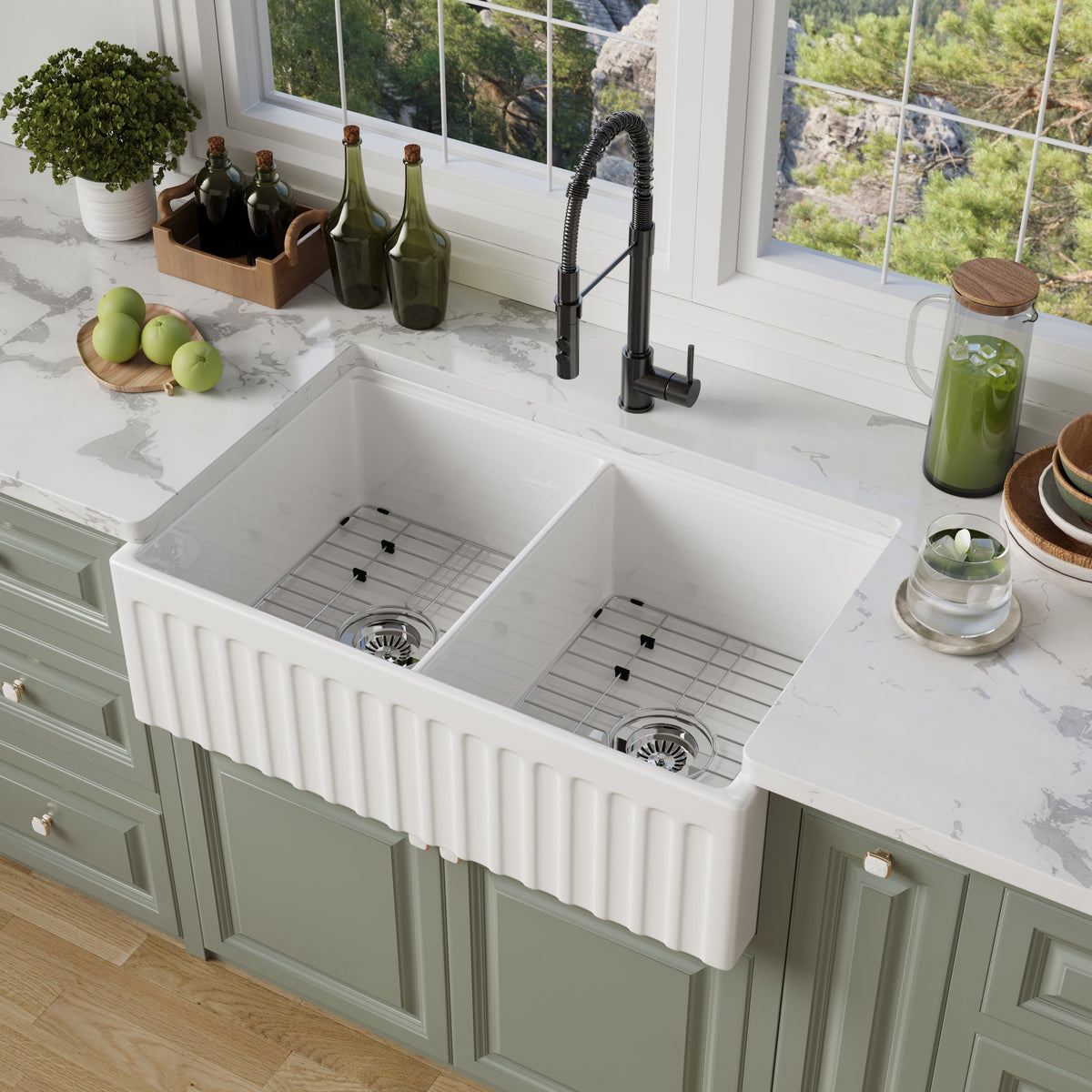 33 inch double bowl fluted workstation fireclay farmhouse sink, kitchen scene - SANIKB SN104W3320D