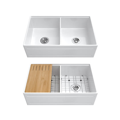 33 inch double bowl recessed workstation fireclay farmhouse sink - SANIKB SN102W3320D