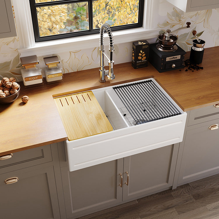 33 inch double bowl recessed workstation fireclay farmhouse sink in kitchen scene - SANIKB SN102W3320D