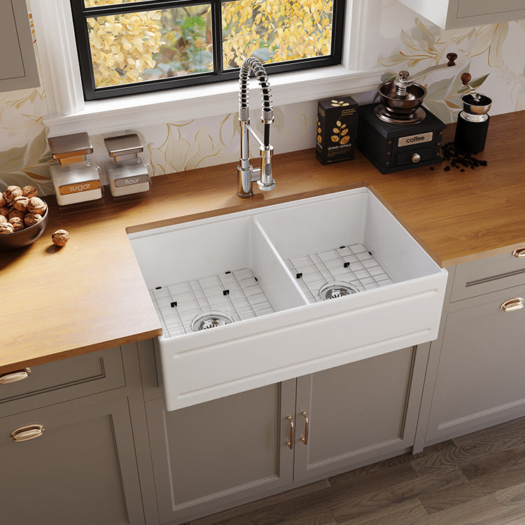 33 inch double bowl recessed workstation fireclay farmhouse sink - SANIKB SN102W3320D