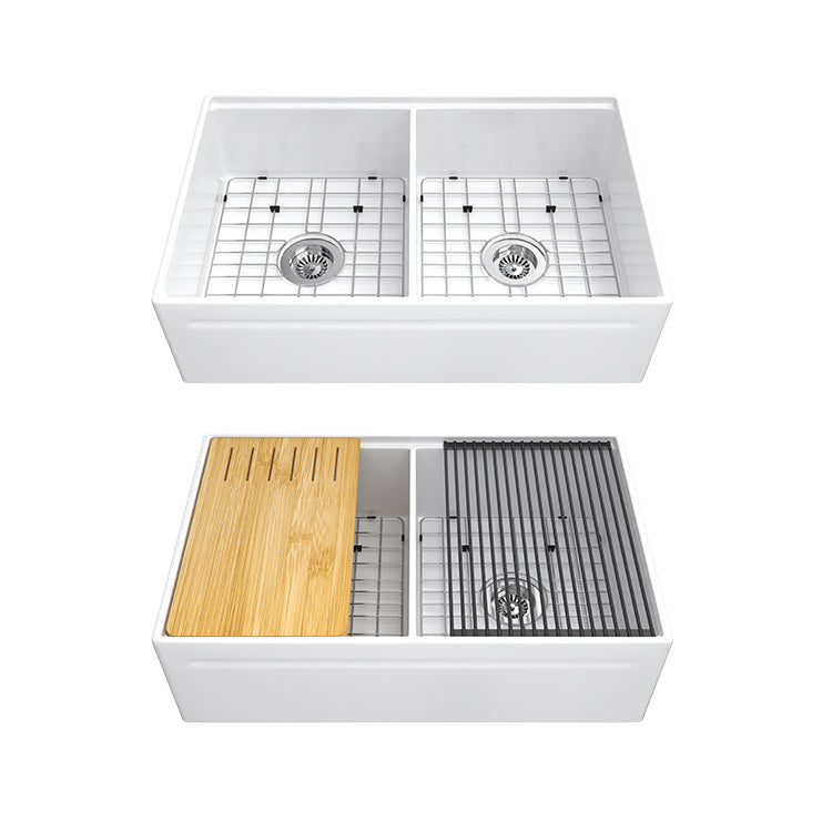 33 inch double bowl reversible workstation fireclay farmhouse sink - SANIKB SN101W3320D