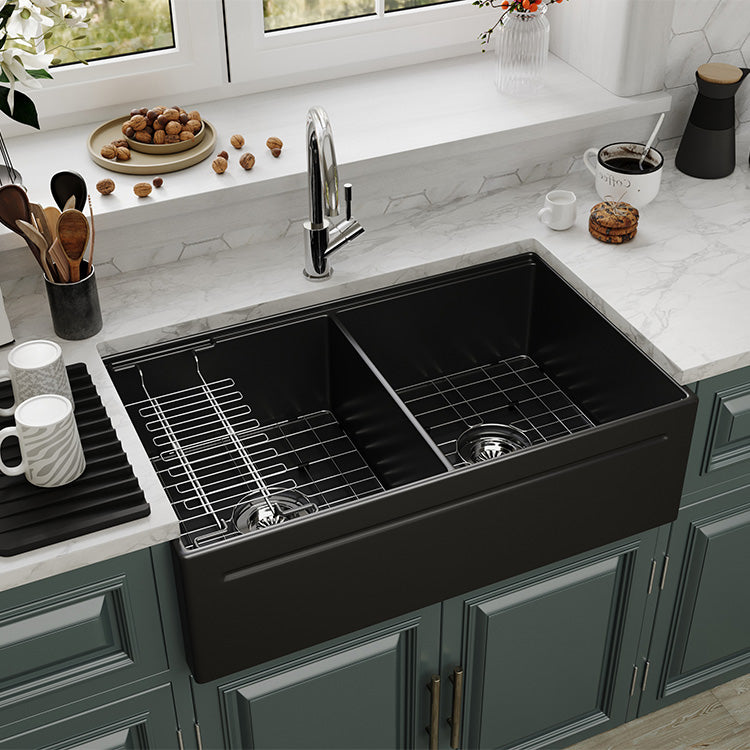 33 inch double bowl reversible workstation fireclay farmhouse sink - SANIKB SN101W3320D