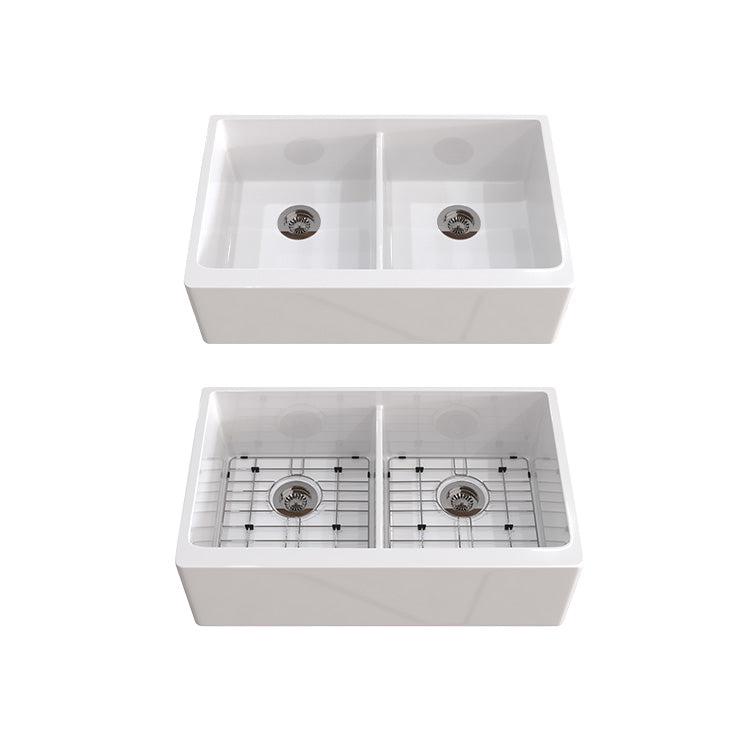33 inch double bowl smooth workstation fireclay farmhouse sink - SANIKB SN106W3320D