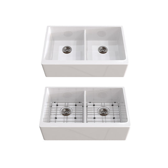 33 inch double bowl smooth workstation fireclay farmhouse sink - SANIKB SN106W3320D