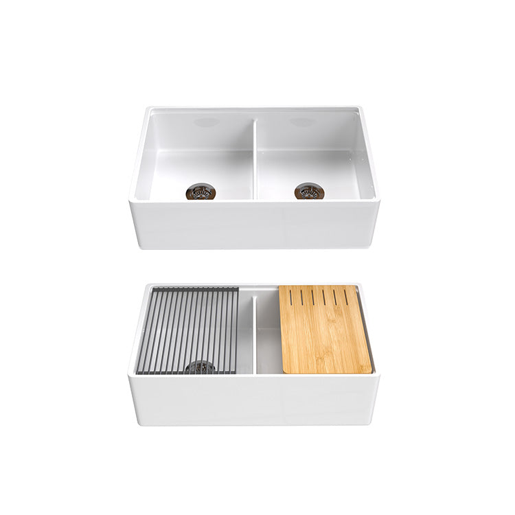 33 inch double bowl smooth workstation fireclay farmhouse sink - SANIKB SN100W3320D