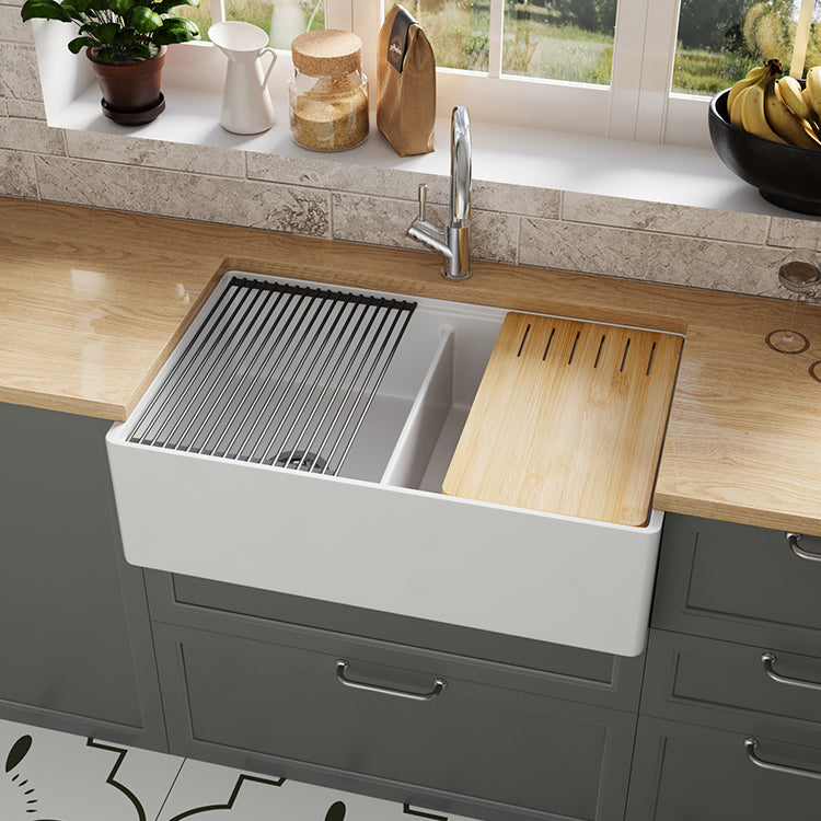 33 inch double bowl smooth workstation fireclay farmhouse sink - SANIKB SN100W3320D