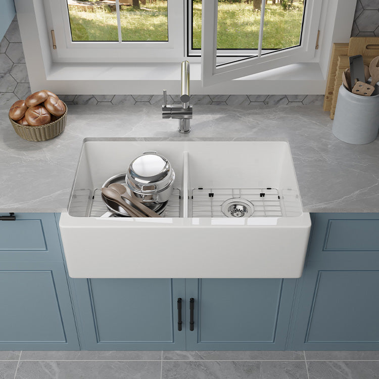 33 inch double bowl smooth workstation fireclay farmhouse sink - SANIKB SN106W3320D