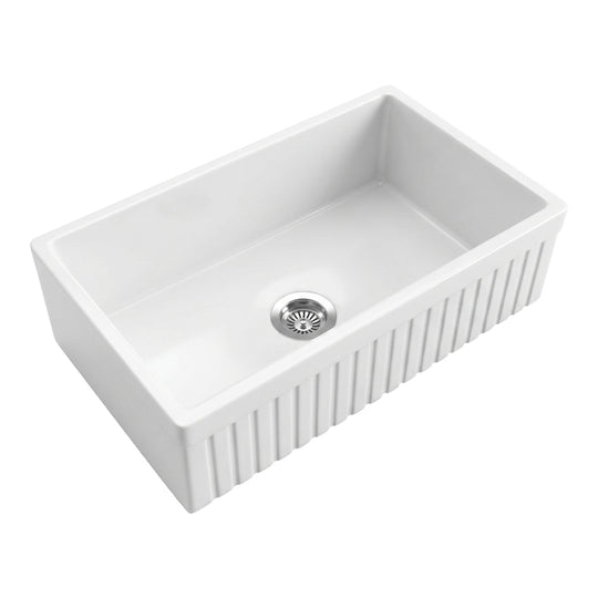 33 inch reversible fluted apron single bowl fireclay farmhouse sink, white background - SANIKB SN3320T